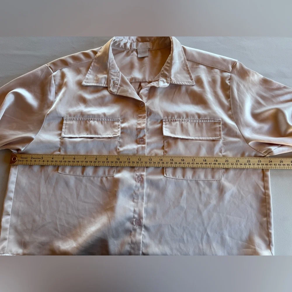 Champagne Satin Button-Up Blouse Size Large